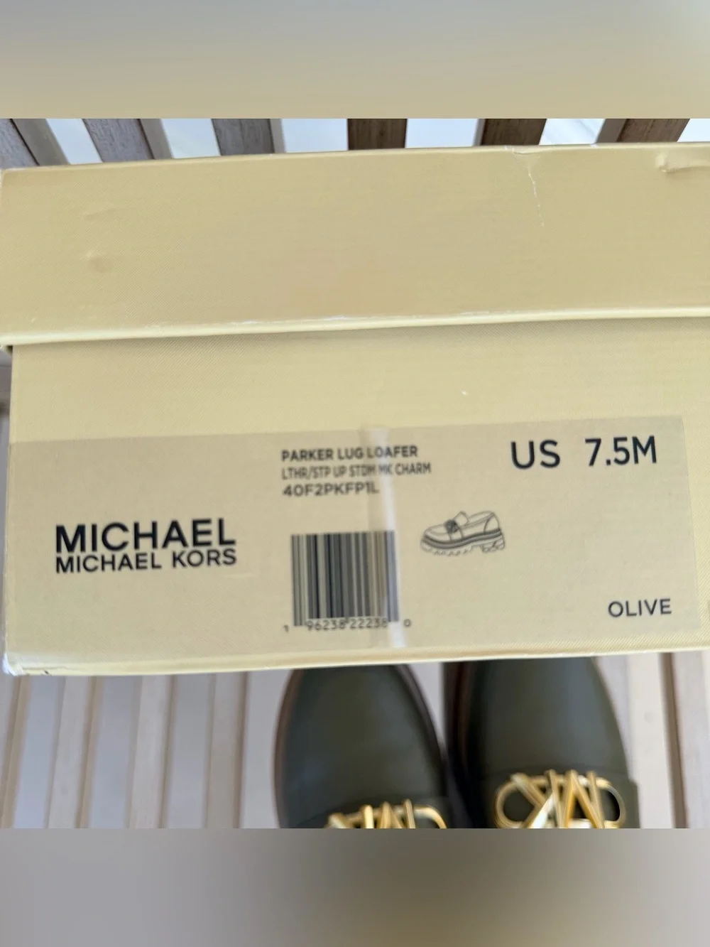 Michael Kors Parker Lug Loafers in Olive Leather with Gold MK Logo Hardware